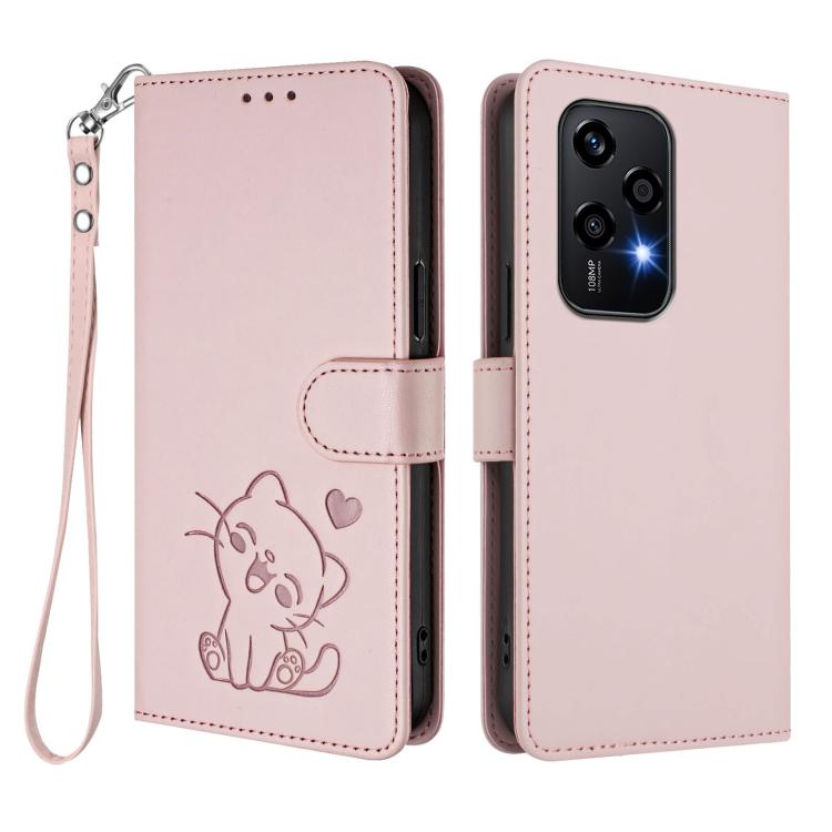 Embossed Heart Cat Leather Phone Case with Hand Strap, For Honor 200 Lite Global, For Honor 90 Smart / X7b 4G / 5G / Play 8T, For Honor Magic6 Pro, For Honor Magic6