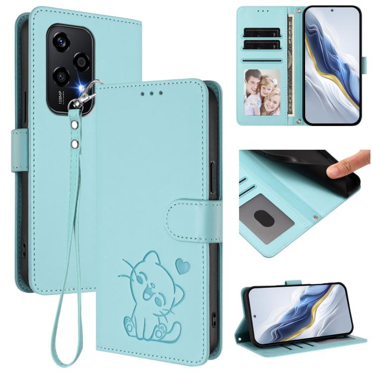 Embossed Heart Cat Leather Phone Case with Hand Strap, For Honor 200 Lite Global, For Honor 90 Smart / X7b 4G / 5G / Play 8T, For Honor Magic6 Pro, For Honor Magic6