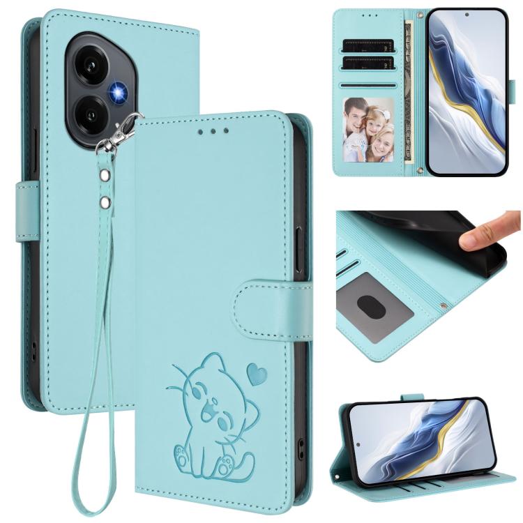 Embossed Heart Cat Leather Phone Case with Hand Strap, For Honor 400 Lite Global, For Honor 400 Global 156.5mm, For Honor X8c 4G, For Honor X9c / X60 Pro / Magic7 Lite