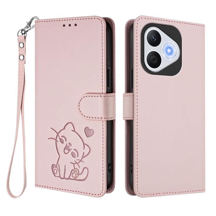 Embossed Heart Cat Leather Phone Case with Hand Strap, For Honor 400 Lite Global, For Honor 400 Global 156.5mm, For Honor X8c 4G, For Honor X9c / X60 Pro / Magic7 Lite