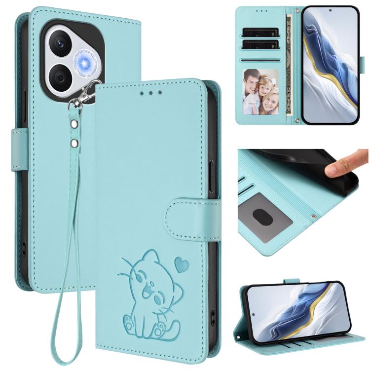 Embossed Heart Cat Leather Phone Case with Hand Strap, For Honor 400 Lite Global, For Honor 400 Global 156.5mm, For Honor X8c 4G, For Honor X9c / X60 Pro / Magic7 Lite