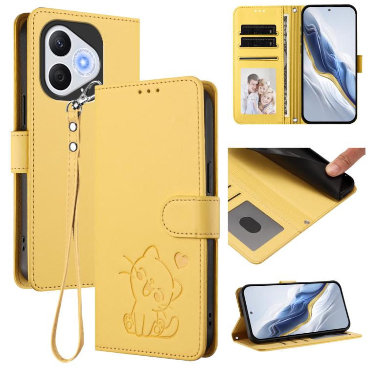 Embossed Heart Cat Leather Phone Case with Hand Strap, For Honor 400 Lite Global, For Honor 400 Global 156.5mm, For Honor X8c 4G, For Honor X9c / X60 Pro / Magic7 Lite