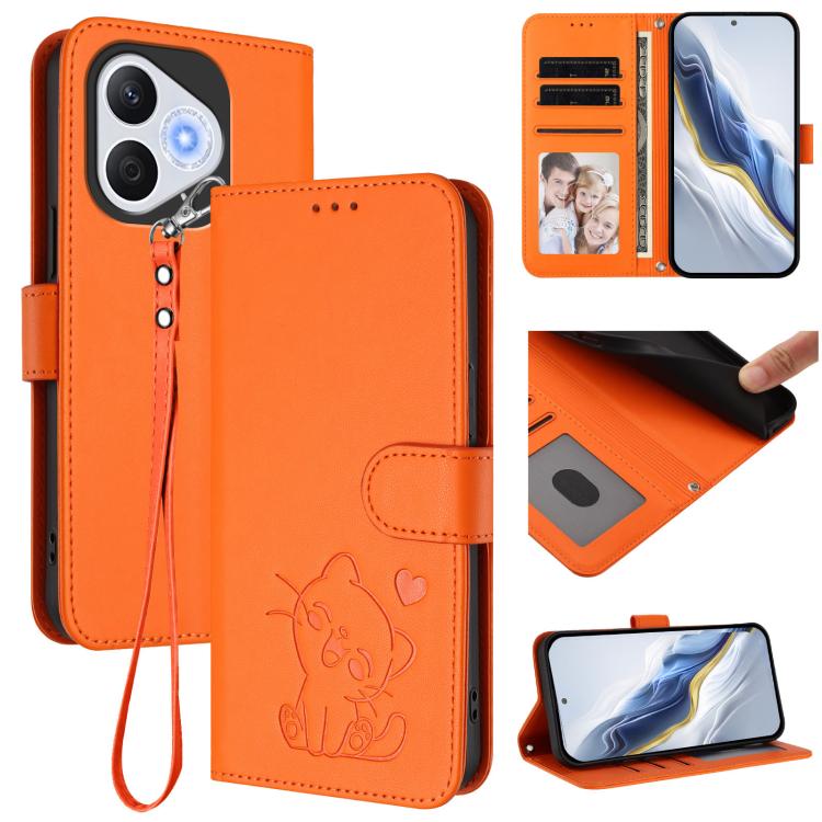 Embossed Heart Cat Leather Phone Case with Hand Strap, For Honor 400 Lite Global, For Honor 400 Global 156.5mm, For Honor X8c 4G, For Honor X9c / X60 Pro / Magic7 Lite