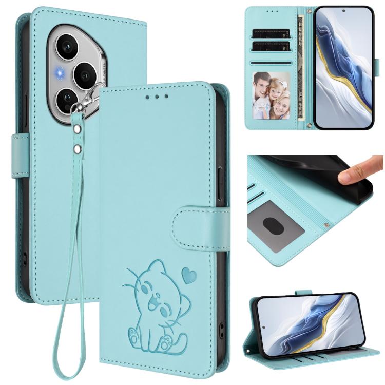 Embossed Heart Cat Leather Phone Case with Hand Strap, For Honor X60 GT, For Honor 400 Pro Global 160.8mm, For Honor Power, For Honor Play 60