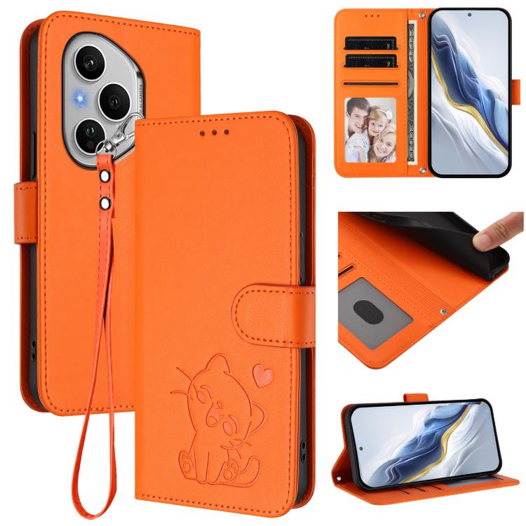 Embossed Heart Cat Leather Phone Case with Hand Strap, For Honor X60 GT, For Honor 400 Pro Global 160.8mm, For Honor Power, For Honor Play 60
