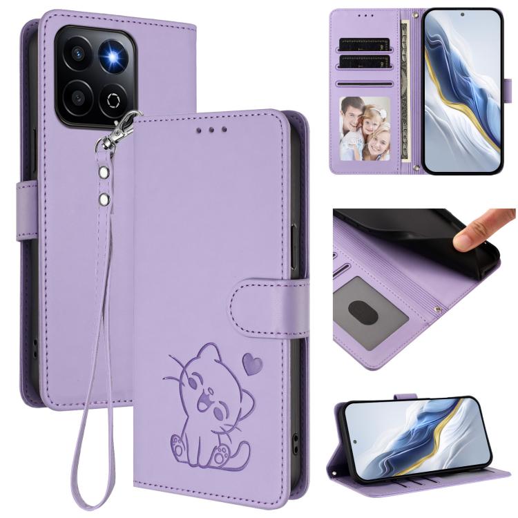 Embossed Heart Cat Leather Phone Case with Hand Strap, For Honor Magic8, For Honor Play 70 Plus, For Honor X5c Plus, For Honor 400 Smart 5G