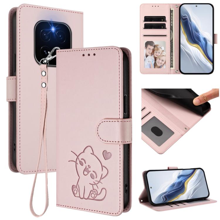 Embossed Heart Cat Leather Phone Case with Hand Strap, For Honor X70 5G, For Honor X6c 4G / X5b / X5b Plus, For Honor X70i, For Honor GT Pro