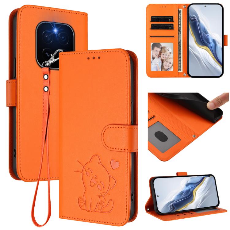 Embossed Heart Cat Leather Phone Case with Hand Strap, For Honor X70 5G, For Honor X6c 4G / X5b / X5b Plus, For Honor X70i, For Honor GT Pro