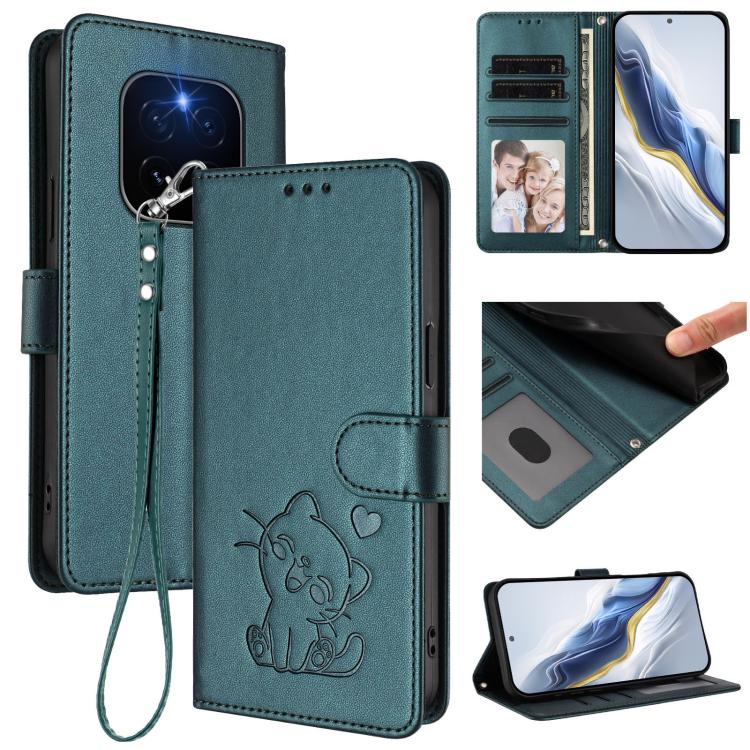 Embossed Heart Cat Leather Phone Case with Hand Strap, For Honor X70 5G, For Honor X6c 4G / X5b / X5b Plus, For Honor X70i, For Honor GT Pro