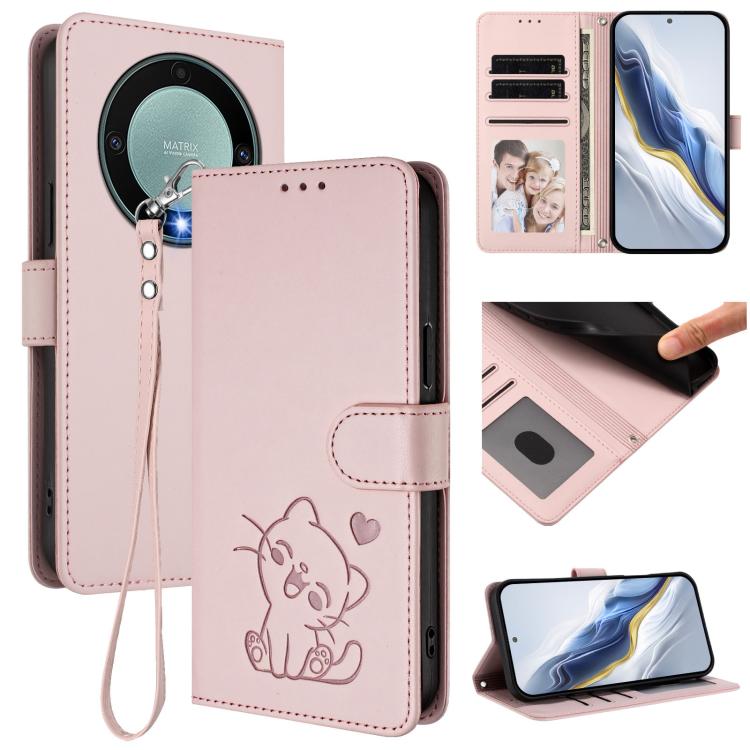 Embossed Heart Cat Leather Phone Case with Hand Strap, For Honor X8a, For Honor Magic5 Lite / X9a / X40, For Honor 80 GT, For Honor 80