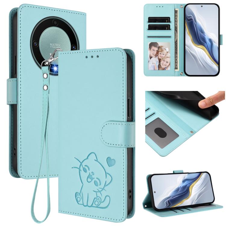 Embossed Heart Cat Leather Phone Case with Hand Strap, For Honor X8a, For Honor Magic5 Lite / X9a / X40, For Honor 80 GT, For Honor 80