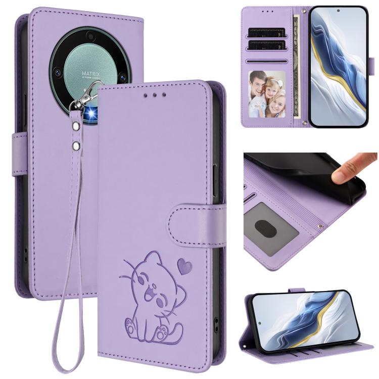 Embossed Heart Cat Leather Phone Case with Hand Strap, For Honor X8a, For Honor Magic5 Lite / X9a / X40, For Honor 80 GT, For Honor 80