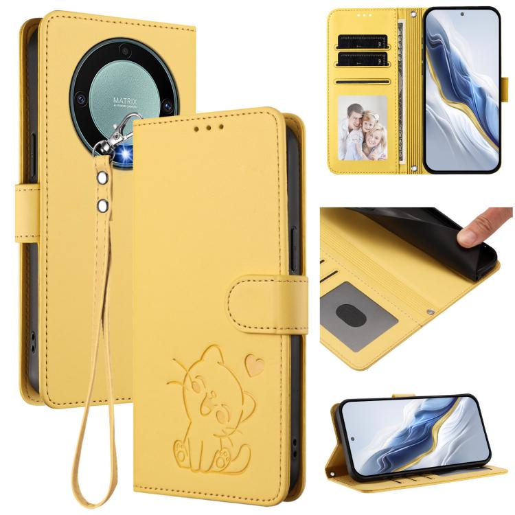 Embossed Heart Cat Leather Phone Case with Hand Strap, For Honor X8a, For Honor Magic5 Lite / X9a / X40, For Honor 80 GT, For Honor 80