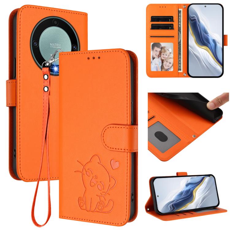 Embossed Heart Cat Leather Phone Case with Hand Strap, For Honor X8a, For Honor Magic5 Lite / X9a / X40, For Honor 80 GT, For Honor 80