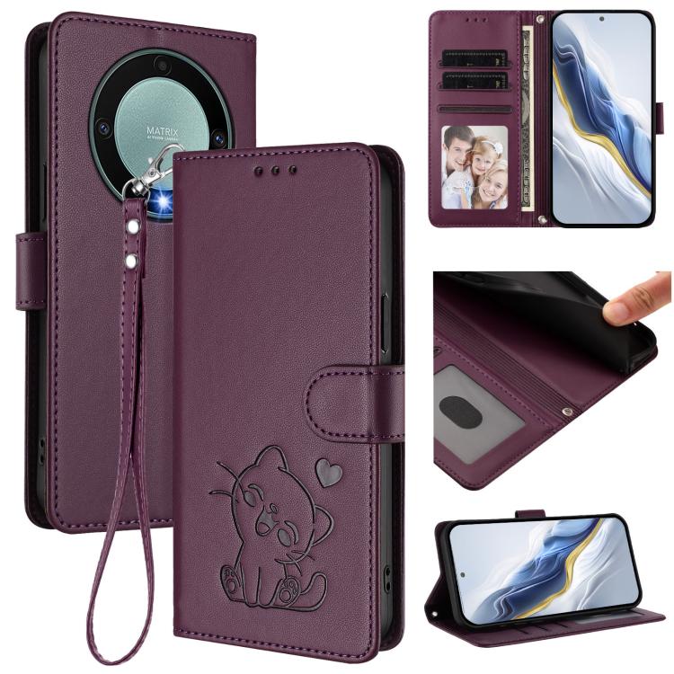 Embossed Heart Cat Leather Phone Case with Hand Strap, For Honor X8a, For Honor Magic5 Lite / X9a / X40, For Honor 80 GT, For Honor 80