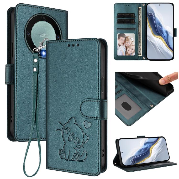 Embossed Heart Cat Leather Phone Case with Hand Strap, For Honor X8a, For Honor Magic5 Lite / X9a / X40, For Honor 80 GT, For Honor 80