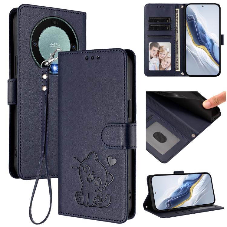 Embossed Heart Cat Leather Phone Case with Hand Strap, For Honor X8a, For Honor Magic5 Lite / X9a / X40, For Honor 80 GT, For Honor 80