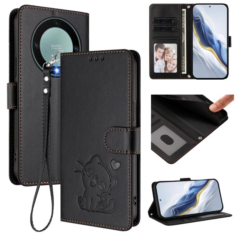 Embossed Heart Cat Leather Phone Case with Hand Strap, For Honor X8a, For Honor Magic5 Lite / X9a / X40, For Honor 80 GT, For Honor 80