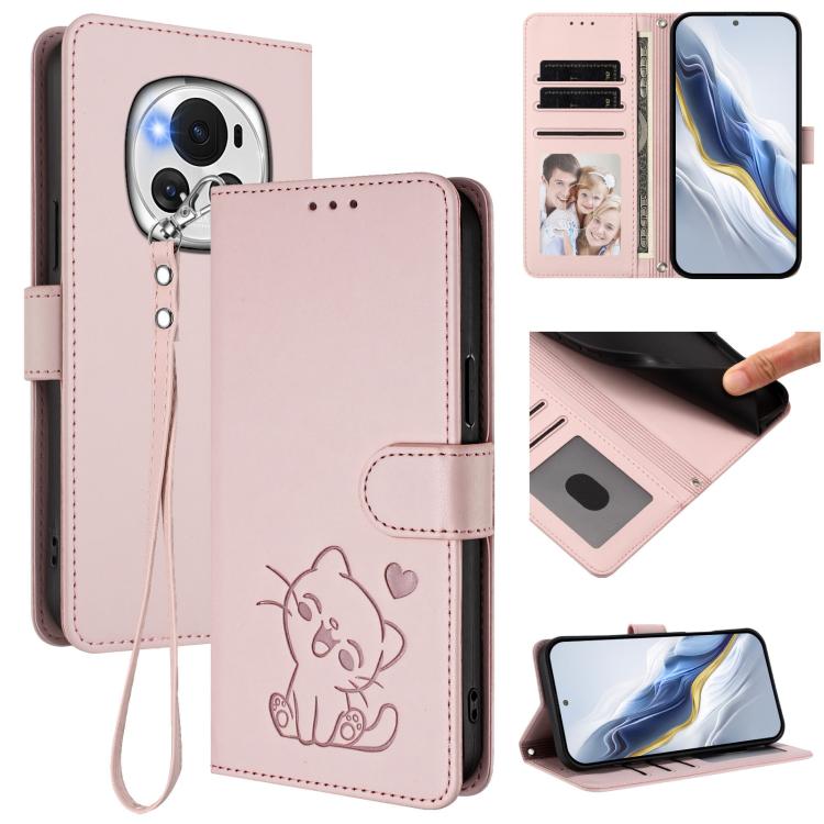 Embossed Heart Cat Leather Phone Case with Hand Strap, For Honor 200 Lite Global, For Honor 90 Smart / X7b 4G / 5G / Play 8T, For Honor Magic6 Pro, For Honor Magic6