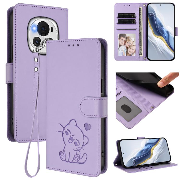Embossed Heart Cat Leather Phone Case with Hand Strap, For Honor 200 Lite Global, For Honor 90 Smart / X7b 4G / 5G / Play 8T, For Honor Magic6 Pro, For Honor Magic6