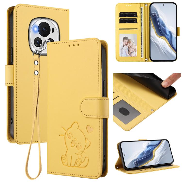 Embossed Heart Cat Leather Phone Case with Hand Strap, For Honor 200 Lite Global, For Honor 90 Smart / X7b 4G / 5G / Play 8T, For Honor Magic6 Pro, For Honor Magic6
