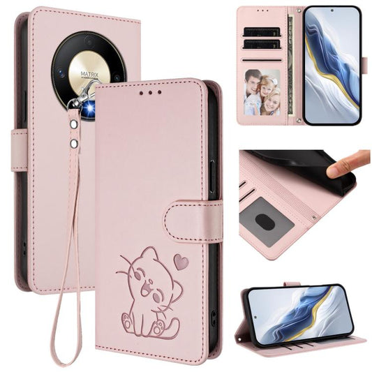 Embossed Heart Cat Leather Phone Case with Hand Strap, For Honor Magic6 Lite 5G / X9b / X50 / X50 Pro, For Honor X8b, For Honor 100 Pro, For Honor 90 Lite / Honor X50i