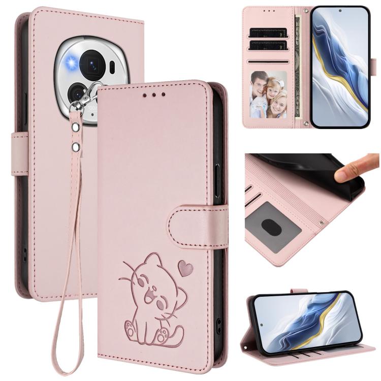 Embossed Heart Cat Leather Phone Case with Hand Strap, For Honor 200 Lite Global, For Honor 90 Smart / X7b 4G / 5G / Play 8T, For Honor Magic6 Pro, For Honor Magic6