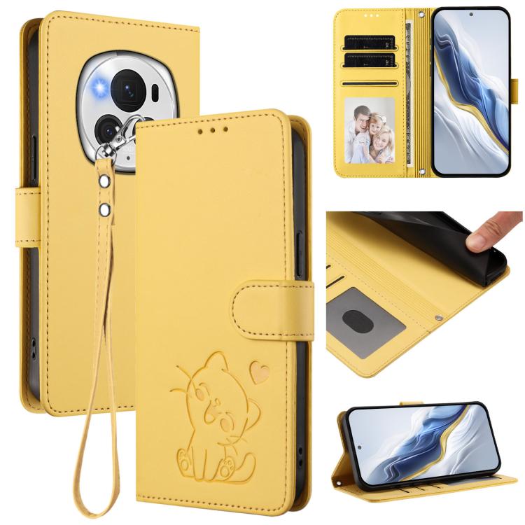 Embossed Heart Cat Leather Phone Case with Hand Strap, For Honor 200 Lite Global, For Honor 90 Smart / X7b 4G / 5G / Play 8T, For Honor Magic6 Pro, For Honor Magic6