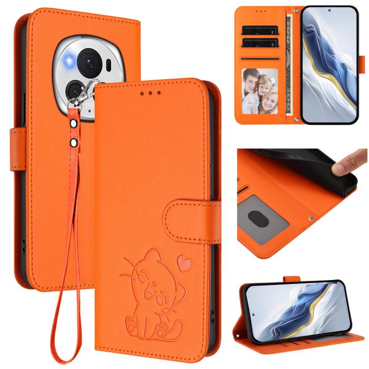 Embossed Heart Cat Leather Phone Case with Hand Strap, For Honor 200 Lite Global, For Honor 90 Smart / X7b 4G / 5G / Play 8T, For Honor Magic6 Pro, For Honor Magic6