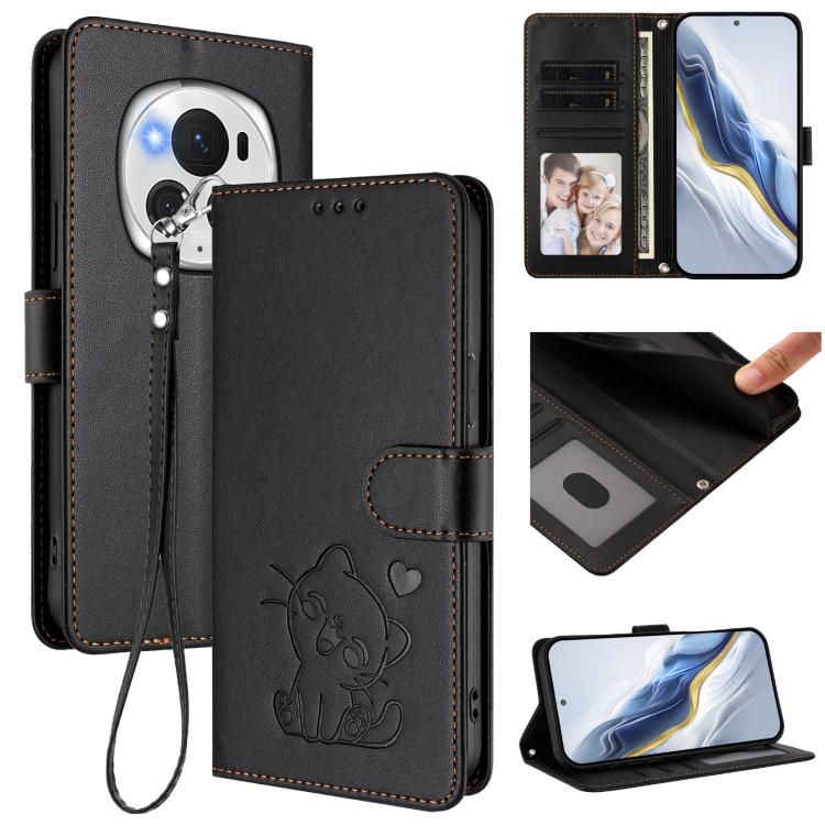 Embossed Heart Cat Leather Phone Case with Hand Strap, For Honor 200 Lite Global, For Honor 90 Smart / X7b 4G / 5G / Play 8T, For Honor Magic6 Pro, For Honor Magic6