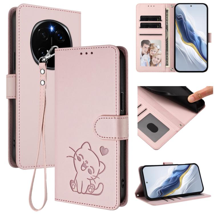 Embossed Heart Cat Leather Phone Case with Hand Strap, For Honor Magic7 Pro, For Honor Magic7, For Honor 200 Smart / Play 9T 5G / X7C 4G, For Honor 70 Lite / X8 5G / X6 4G / X6s