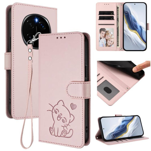 Embossed Heart Cat Leather Phone Case with Hand Strap, For Honor Magic7 Pro, For Honor Magic7, For Honor 200 Smart / Play 9T 5G / X7C 4G, For Honor 70 Lite / X8 5G / X6 4G / X6s