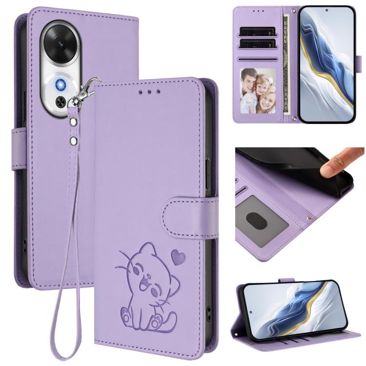 Embossed Heart Cat Leather Phone Case with Hand Strap, For Honor X60 GT, For Honor 400 Pro Global 160.8mm, For Honor Power, For Honor Play 60