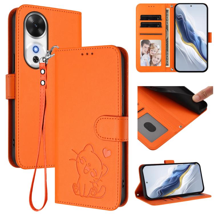 Embossed Heart Cat Leather Phone Case with Hand Strap, For Honor X60 GT, For Honor 400 Pro Global 160.8mm, For Honor Power, For Honor Play 60