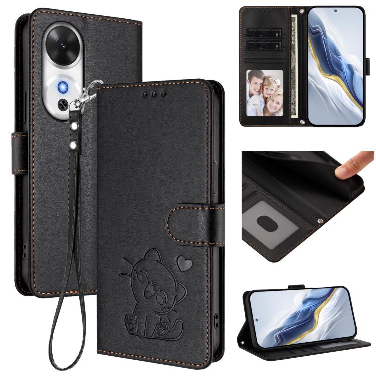 Embossed Heart Cat Leather Phone Case with Hand Strap, For Honor X60 GT, For Honor 400 Pro Global 160.8mm, For Honor Power, For Honor Play 60