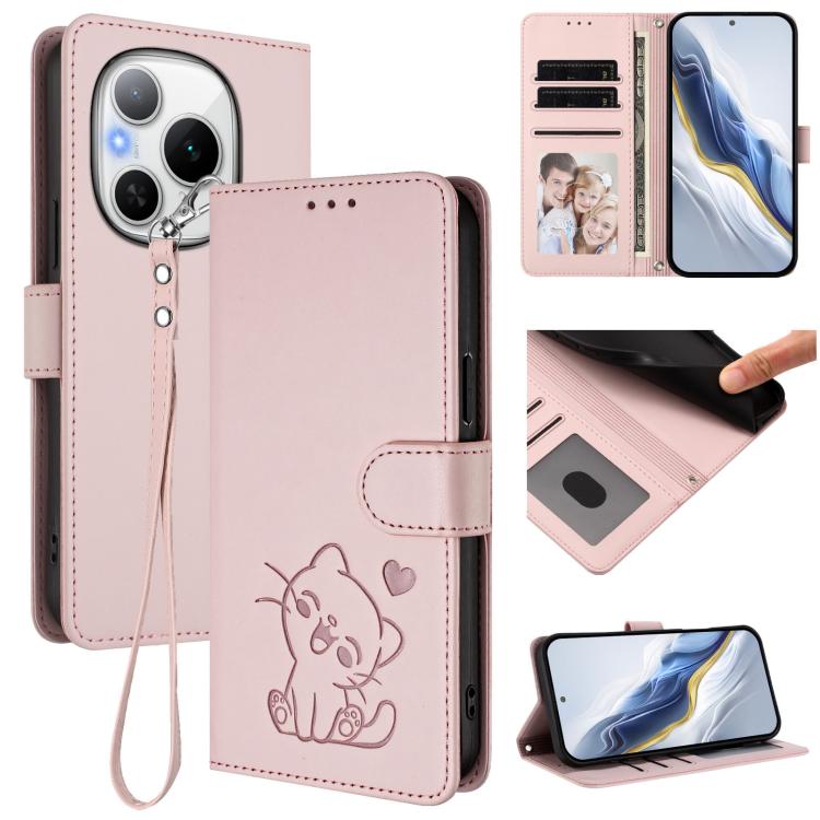 Embossed Heart Cat Leather Phone Case with Hand Strap, For Honor X60 GT, For Honor 400 Pro Global 160.8mm, For Honor Power, For Honor Play 60