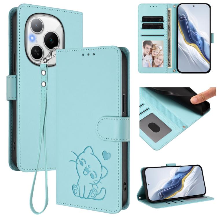 Embossed Heart Cat Leather Phone Case with Hand Strap, For Honor X60 GT, For Honor 400 Pro Global 160.8mm, For Honor Power, For Honor Play 60
