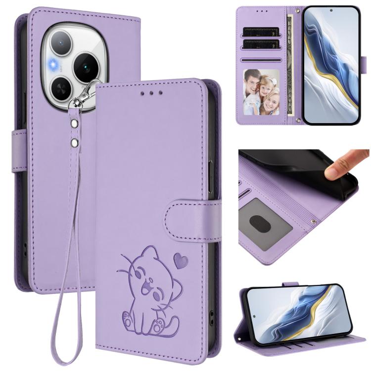 Embossed Heart Cat Leather Phone Case with Hand Strap, For Honor X60 GT, For Honor 400 Pro Global 160.8mm, For Honor Power, For Honor Play 60