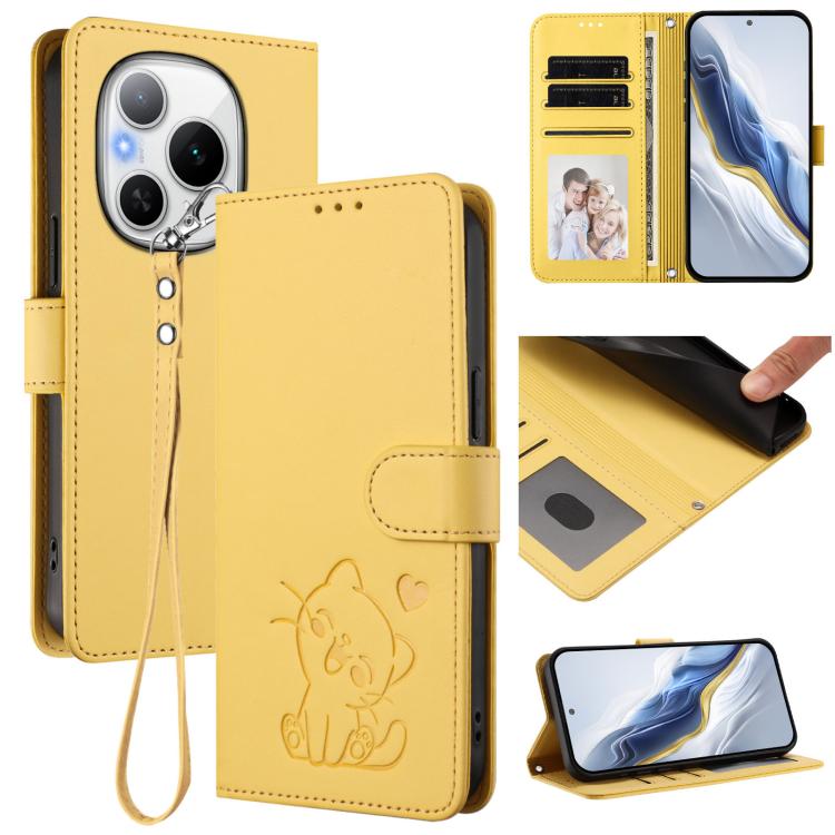 Embossed Heart Cat Leather Phone Case with Hand Strap, For Honor X60 GT, For Honor 400 Pro Global 160.8mm, For Honor Power, For Honor Play 60