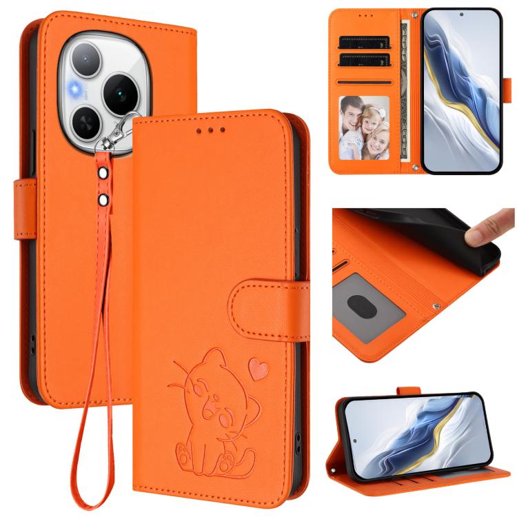 Embossed Heart Cat Leather Phone Case with Hand Strap, For Honor X60 GT, For Honor 400 Pro Global 160.8mm, For Honor Power, For Honor Play 60