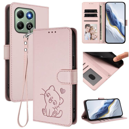 Embossed Heart Cat Leather Phone Case with Hand Strap, For Honor X6a / Honor X6b 4G, For Honor 200, For Honor 200 Pro, For Honor Play 50