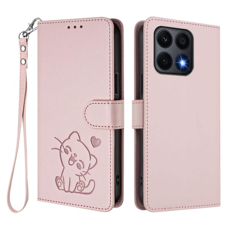 Embossed Heart Cat Leather Phone Case with Hand Strap, For Honor X8a, For Honor Magic5 Lite / X9a / X40, For Honor 80 GT, For Honor 80