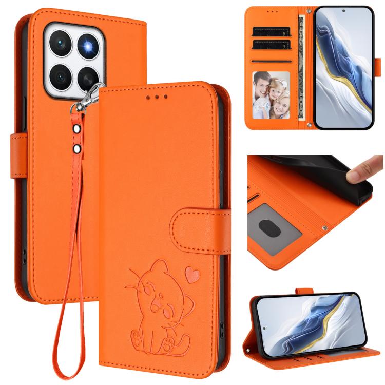 Embossed Heart Cat Leather Phone Case with Hand Strap, For Honor 400 Lite Global, For Honor 400 Global 156.5mm, For Honor X8c 4G, For Honor X9c / X60 Pro / Magic7 Lite