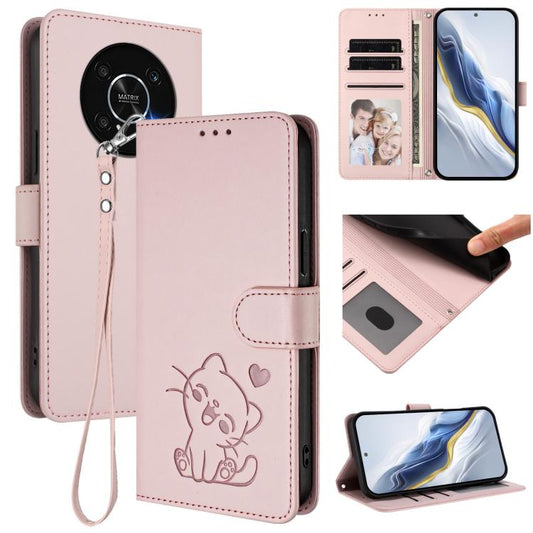 Embossed Heart Cat Leather Phone Case with Hand Strap, For Honor X9 5G / X9 4G, For Honor X40i, For Honor 70 Pro, For Honor 70