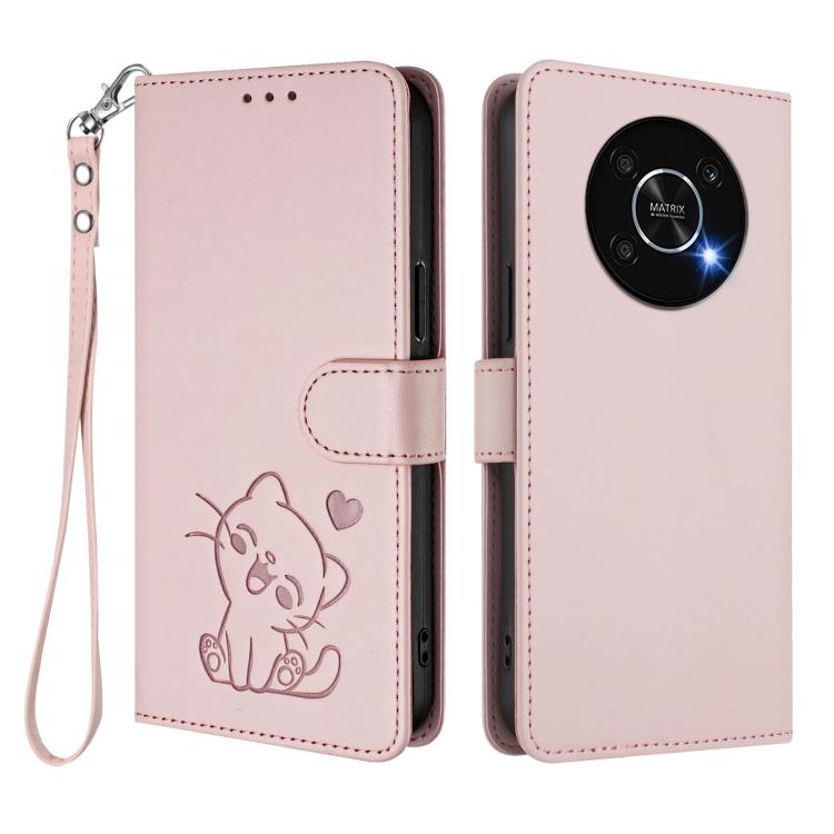 Embossed Heart Cat Leather Phone Case with Hand Strap, For Honor X9 5G / X9 4G, For Honor X40i, For Honor 70 Pro, For Honor 70