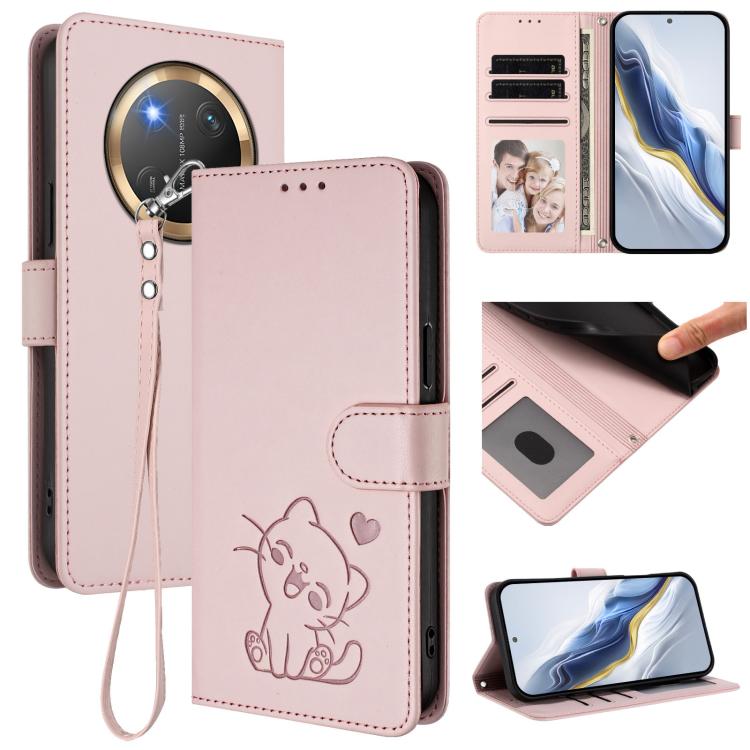Embossed Heart Cat Leather Phone Case with Hand Strap, For Honor 400 Lite Global, For Honor 400 Global 156.5mm, For Honor X8c 4G, For Honor X9c / X60 Pro / Magic7 Lite