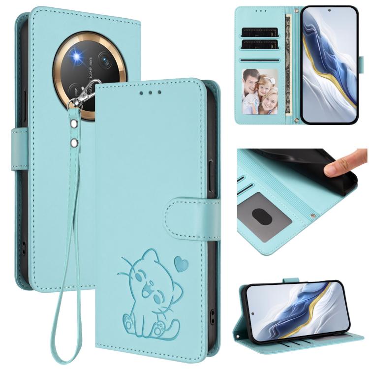Embossed Heart Cat Leather Phone Case with Hand Strap, For Honor 400 Lite Global, For Honor 400 Global 156.5mm, For Honor X8c 4G, For Honor X9c / X60 Pro / Magic7 Lite