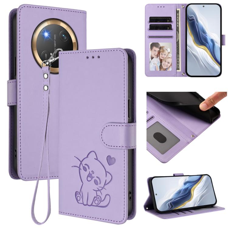 Embossed Heart Cat Leather Phone Case with Hand Strap, For Honor 400 Lite Global, For Honor 400 Global 156.5mm, For Honor X8c 4G, For Honor X9c / X60 Pro / Magic7 Lite