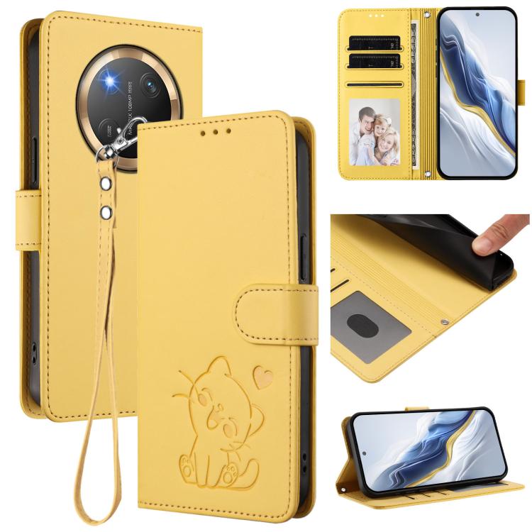 Embossed Heart Cat Leather Phone Case with Hand Strap, For Honor 400 Lite Global, For Honor 400 Global 156.5mm, For Honor X8c 4G, For Honor X9c / X60 Pro / Magic7 Lite