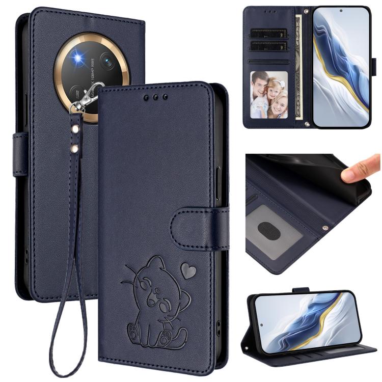 Embossed Heart Cat Leather Phone Case with Hand Strap, For Honor 400 Lite Global, For Honor 400 Global 156.5mm, For Honor X8c 4G, For Honor X9c / X60 Pro / Magic7 Lite
